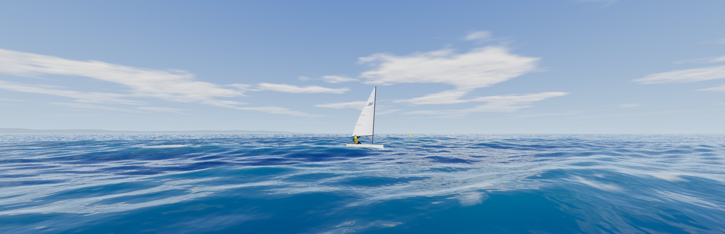 A white single-handed dinghy heeled upwind on a bright, breezy day